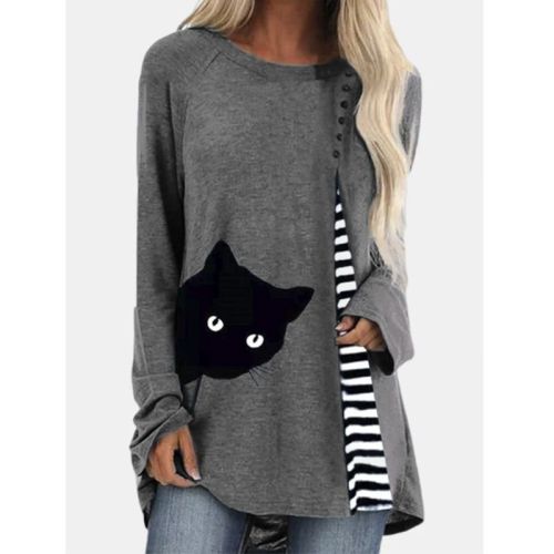 New products for autumn and winter women's tops cat print stitching long-sleeved round neck top