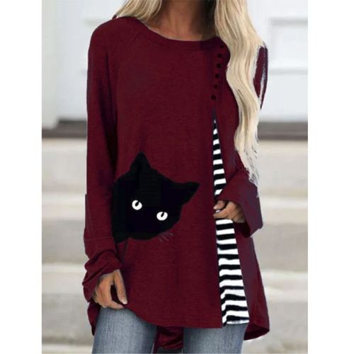 New products for autumn and winter women's tops cat print stitching long-sleeved round neck top