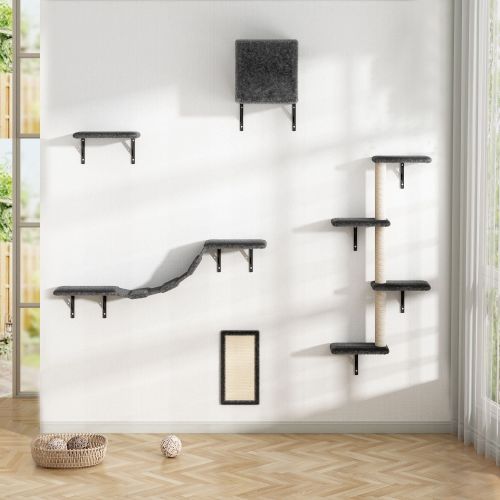 5 Pcs Wall Mounted Cat Climber Set; Floating Cat Shelves and Perches; Cat Activity Tree with Scratching Posts; Modern Cat Furniture 5 Pcs Wall Mounted Cat Climber Set; Floating Cat Shelves and Perches; Cat Activity Tree with Scratching Posts; Modern Cat Furniture